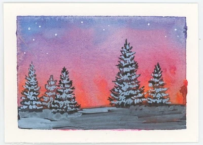 Pintura al atardecer Snowy Pines, ACEO Original (NO ES UNA IMPRESIÓN), 2,5x3,5, Firmada Foto 1 de 3