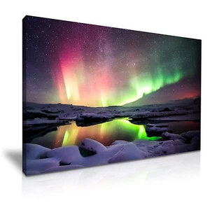 Nordlichter Island modern Leinwand Wand Bild Druck bestes Geschenk für Zuhause - Bild 1 von 7