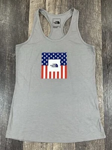 The North Face Women's Size M Racerback Tank Top Blue Heather Gray USA Flag EUC - Picture 1 of 9