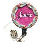 Retractable Badge Reel - Personalized Feathers Pink Glitter Lanyard Id Nurse DR