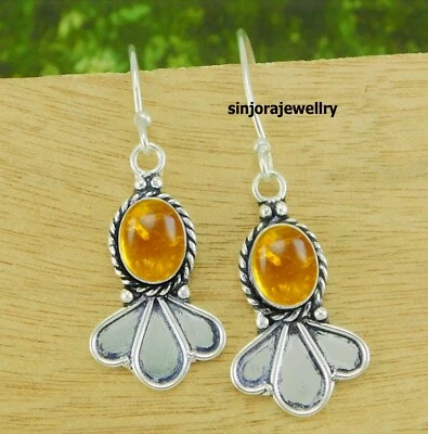Amber Gemstone 925 sterling silver handmade Dangle Drop Earrings - Image 1 of 4