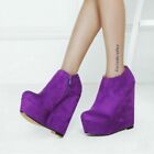 Fashion Women Suede Zip Ankle Boots High Heels Purple Wedge Heels Boots Big Size