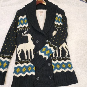 Winter Theme Sweater S/M Black Collared V Neck Cardigan-Reindeer- Button- Fleece - Picture 1 of 24
