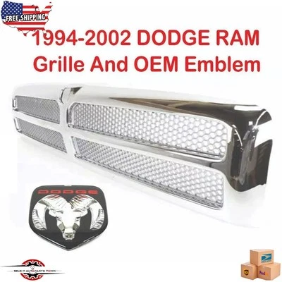 Fits 1994-2002 DODGE RAM 1500 2500 3500 New Front Chrome Grille + OEM Emblem 2PC - Image 1 of 4