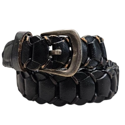 Cinturón Trenzado Cuero Genuino Negro Plateado Hecho en India Hebilla Envejecido 28 Foto 1 de 4