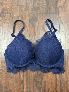 Victoria's Secret PINK Date Super Push Navy Blue Lace Bra Front Closure Size 32C - Picture 1 of 21