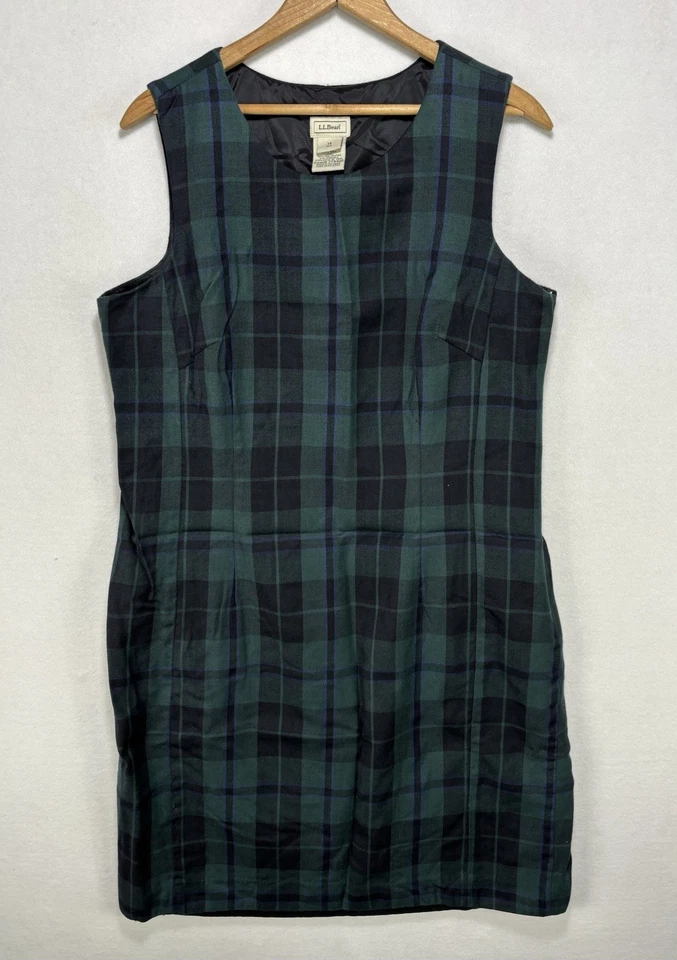 Vestido de lana LL Bean a cuadros sin mangas tartán forrado a cuadros talla 14 verde regular azul Foto 1 de 4
