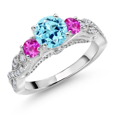 Compromiso de plata de ley 925 azul apatita zafiro rosa y moissanita blanca Foto 1 de 4
