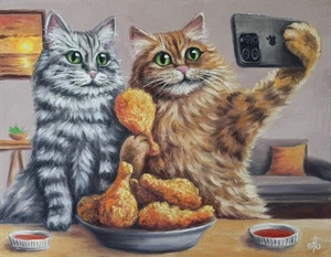 Ukrainian Artist Oil Painting Cat Couple Selfie Humor Wall Art Home Decor Gift - Picture 1 of 24