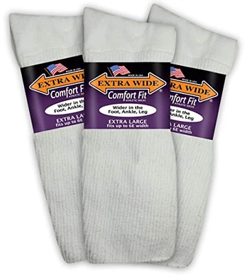 Extra Wide Athletic Socks, Size 16-21 Up to 6E Stretch 3-Pack WHITE Made in USA - Image 1 of 4