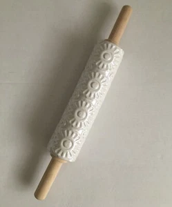 Ceramic Textured Floral Pattern Embossed Baking Rolling Pin Wooden Handles - Picture 1 of 7