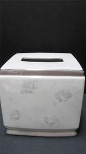 Satin Rose Porcelain Tissue Box Cover Ivory with Platinum Roses