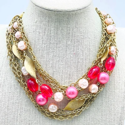 Vintage Gold Tone Necklace Multi Strand Pink Beads Leaf Accents - Image 1 of 3