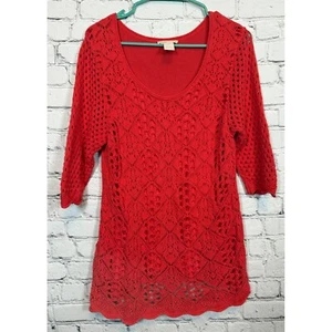 Christina Crochet Knit Top Red 3/4 Sleeve Tunic Sweater Open Weave Size L - Picture 1 of 3