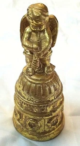 VINTAGE CERAMIC ANTIQUE GOLD ANGEL ON BELL WITH INSTRUMENT - Picture 1 of 10