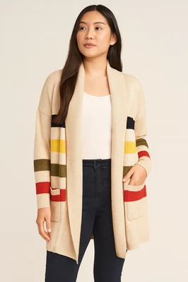 Talbots Womens Cardigan Large Wool Blend Stadium Multicolored Striped Open Front - Image 1 of 4