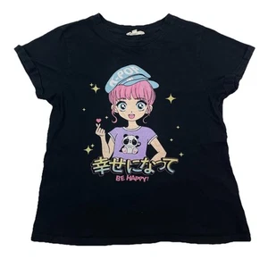 Love Peace And Lip Gloss Kpop Anime Black Top T-Shirt For Girls Size L (14) - Picture 1 of 8