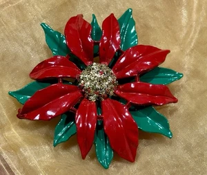 Spilla Pointsettia smaltata rosso lucido vintage - Foto 1 di 4