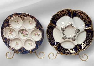 PAIR OF VINTAGE LIMOGES COBALT BLUE OYSTER PLATES 5 & 6 WELLS GREAT COND - Picture 1 of 8
