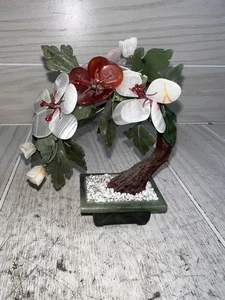 Schöner kleiner handgeschnitzter Jade Stein Bonsai Blume Baum 4,25" T x4,25" W im Jade Topf - Bild 1 von 10