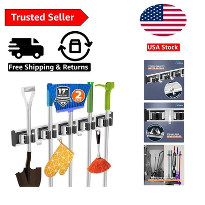 Pack de 2 soportes para escoba ajustables con 5 estantes y 4 ganchos - organizador de pared negro Foto 1 de 4