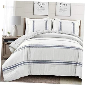 Farmhouse Stripe Reversible Cotton Comforter Set, 3 Piece Set - Cozy King Navy - Picture 1 of 7