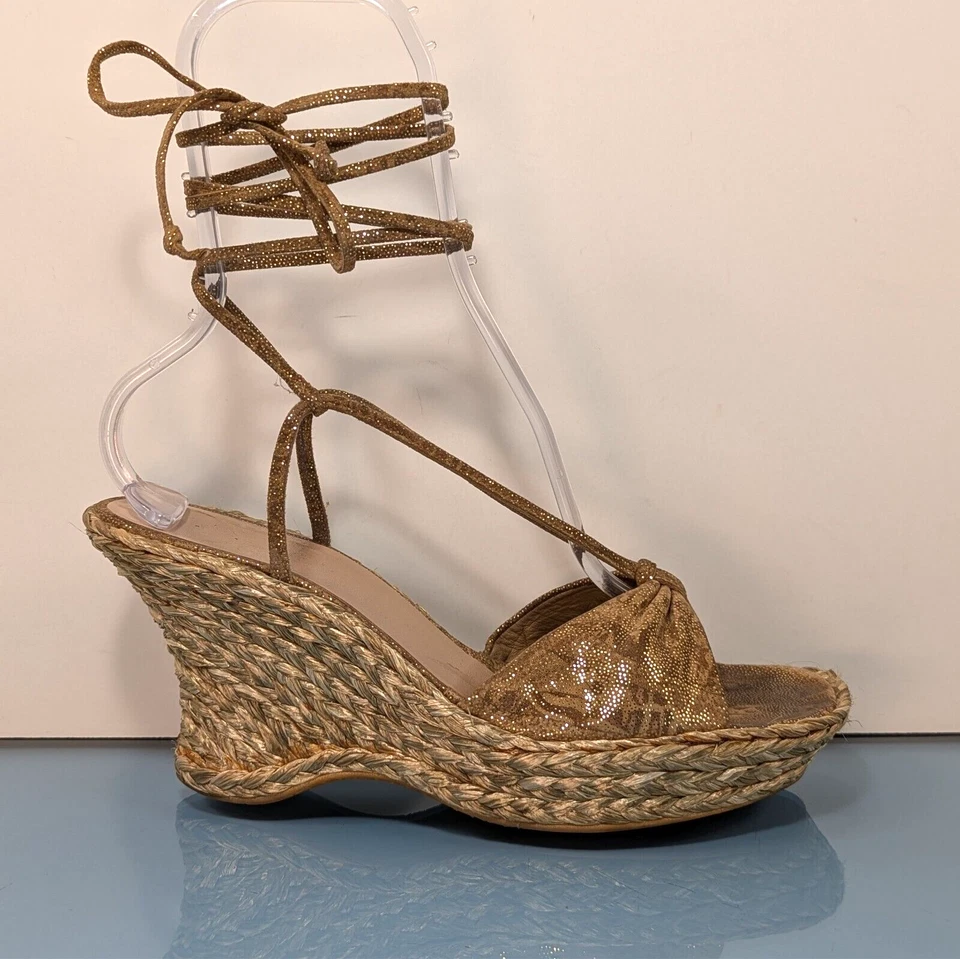 STUART WEITZMAN Womens 11M Open Toe Ankle Lace Up Wedge Heel Espadrilles Sandals - Image 1 of 4