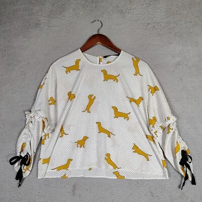 Top Zara para mujer mediano blanco Dachshund lunares volantes manga acanalada recortado Foto 1 de 4