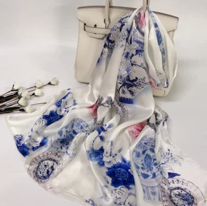 100% Silk Scarf Women neckerchief Shawl Wrap floral blue white SJ44-28 - Picture 1 of 1