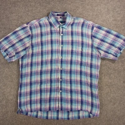 Alan Flusser Linen Shirt Men Large Blue Purple Plaid Short Sleeve Beach Casual - Image 1 of 4