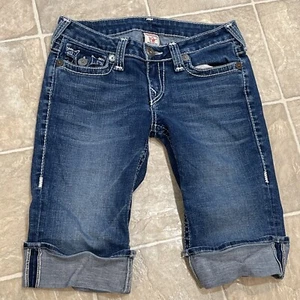 Women’s Sz 29 True Religion Bermuda Shorts Denim Jean Flap Pockets Thick Stitch - Picture 1 of 11