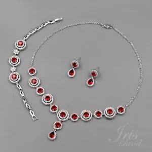 Simulierte Damen Rubin Kubisch Zirkonia Halskette Armband Ohrringe Schmuck Set Geschenk - Bild 1 von 11