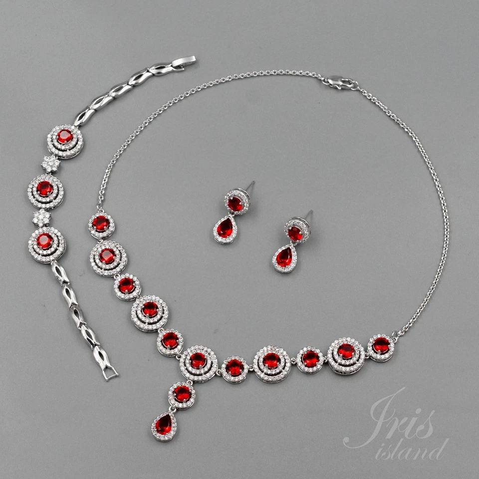 Conjunto de joyas collar pulsera pendientes rubí circonita cúbica simulado para mujer regalo Foto 1 de 4