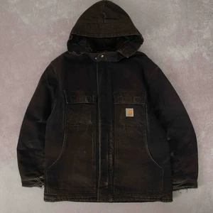 Carhartt Vintage 90s Distressed Hooded Jacket L Men's Black Workwear - Picture 1 of 9