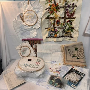 Mixed Lot Of 6 VTG Unfinished Cross Stitch Projects +3 Hoops 1 Crewel Retro Fun - Picture 1 of 17