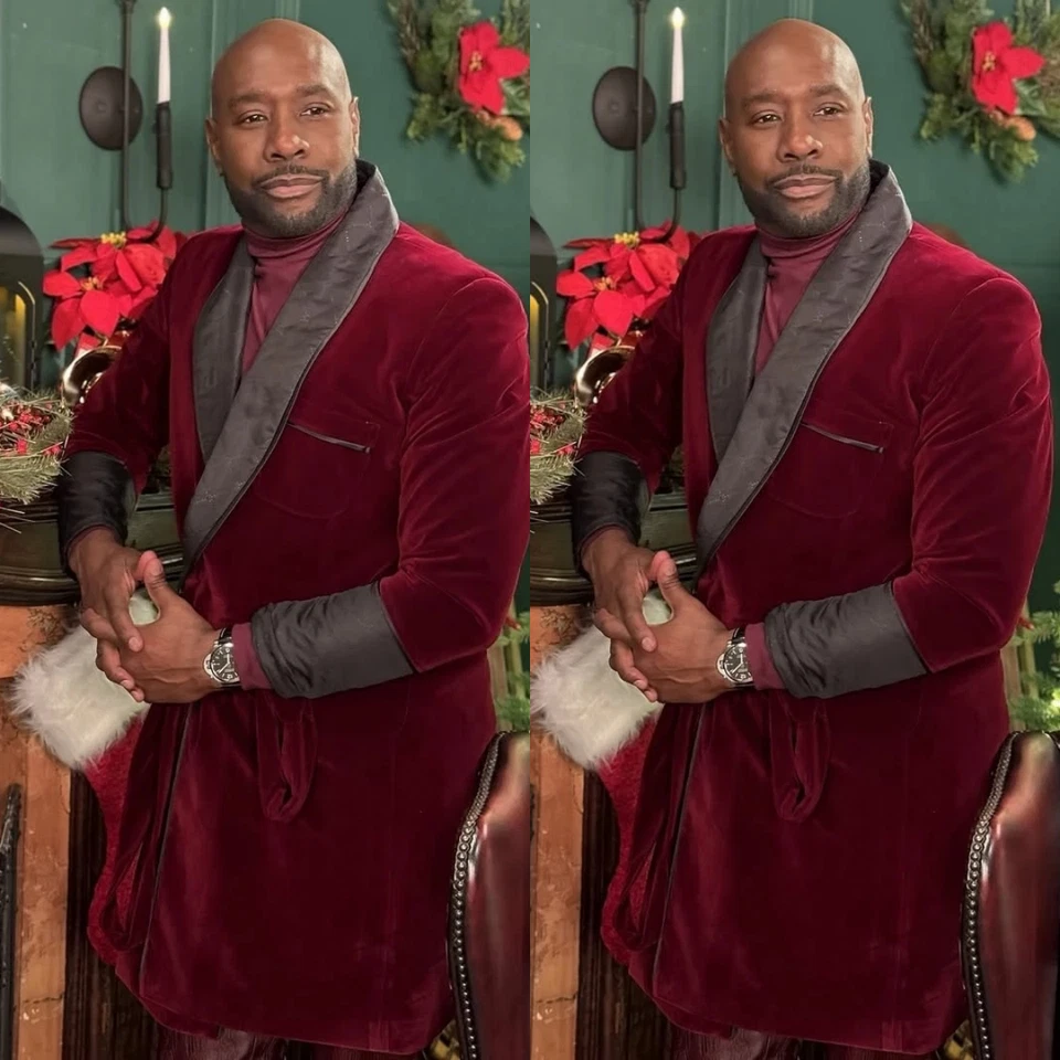 Chaqueta de terciopelo borgoña para hombre Somking chal solapa informal traje largo chaqueta de graduación Foto 1 de 1