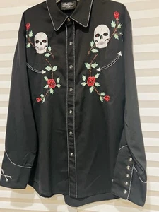 Black Lansky Bros. Skull Roses &Rhinestones Rockabilly Shirt L- Amazing! NWT - Picture 1 of 21