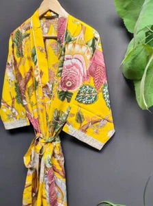 Indian Yellow Floral Printed Cotton Robe Long Kimono Sleepwear Night Suit Kimono - Picture 1 of 4