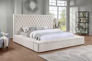 Modern Velvet Upholstered Eastern King Platform Bed Frame w/ Storage, Cream - Picture 1 of 3