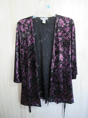 Maidenform Short Robe Size L XL Black Purple Floral Tie Belt Long Sleeve Lounge - Image 1 of 3