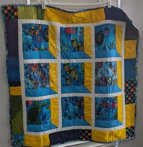 Hand crafted Baby Blanket Quilt Colorful Ocean Fish Sea Turtle - Picture 1 of 13