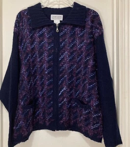 Vintage Jantzen Classics Zip Up Sweater Jacket Sz L Abstract Purple 90s Preppy - Picture 1 of 5
