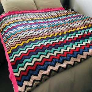Manta de ganchillo tejida Chevron vintage hecha a mano grande multicolor 3,2 m x 1,74 m - Imagen 1 de 6