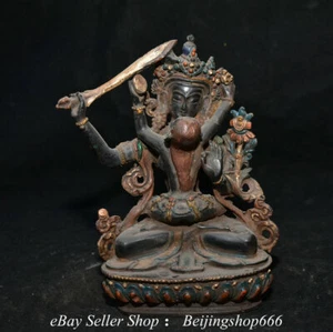 6" Old Tibet Tibetan Bronze Painting joyful Double Buddha Statue Sculpture  - Picture 1 of 8