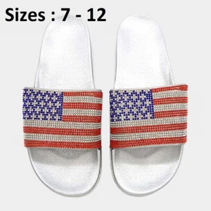 USA FLAG STAR Crystal Slide Sandal Slippers Beach Shoes Flip Flops Hip Hop Bling - Picture 1 of 2