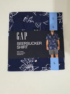 GAP Men’s Large Seersucker Shirt Soft 100% Cotton Relaxed Fit Blue Floral - Picture 1 of 3