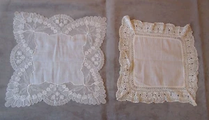 Vintage Linen Bridal Lace Handkerchief 2 pcs. White & Ivory - Picture 1 of 15