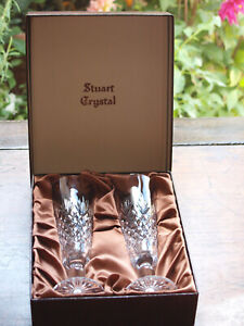 Stuart Crystal Henley Champagne Flutes Pair Vintage Mint in Box