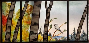 Einzigartiges individuelles Buntglas & Schmelzglas Chickadee Birke Natur Szene hängend - Bild 1 von 1