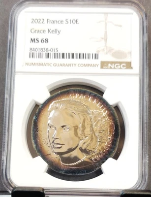2022 FRANCE SILVER 10 EURO S10E GRACE KELLY NGC MS 68 RARE GEM COLOR TONING - Image 1 of 4